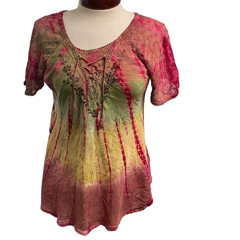 Sakkas Free Size Womens Tie Dye Top Boho Festival Indie Lace Up Fairy Embroider
